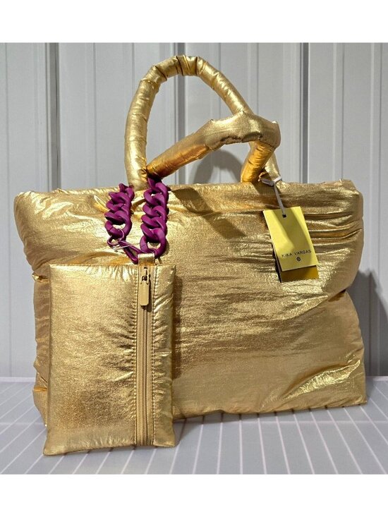 Kika Vargas Handbags - Large Puffer Tote Bag Kika Vargas Shiny Metallic Gold w/ Clip on Mini Bag